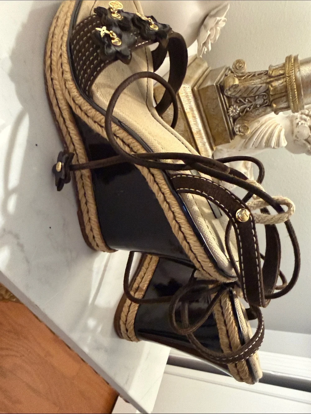 Women's Brown Espadrille Wedge Sandals with Floral Charms - Picture 4 of 8